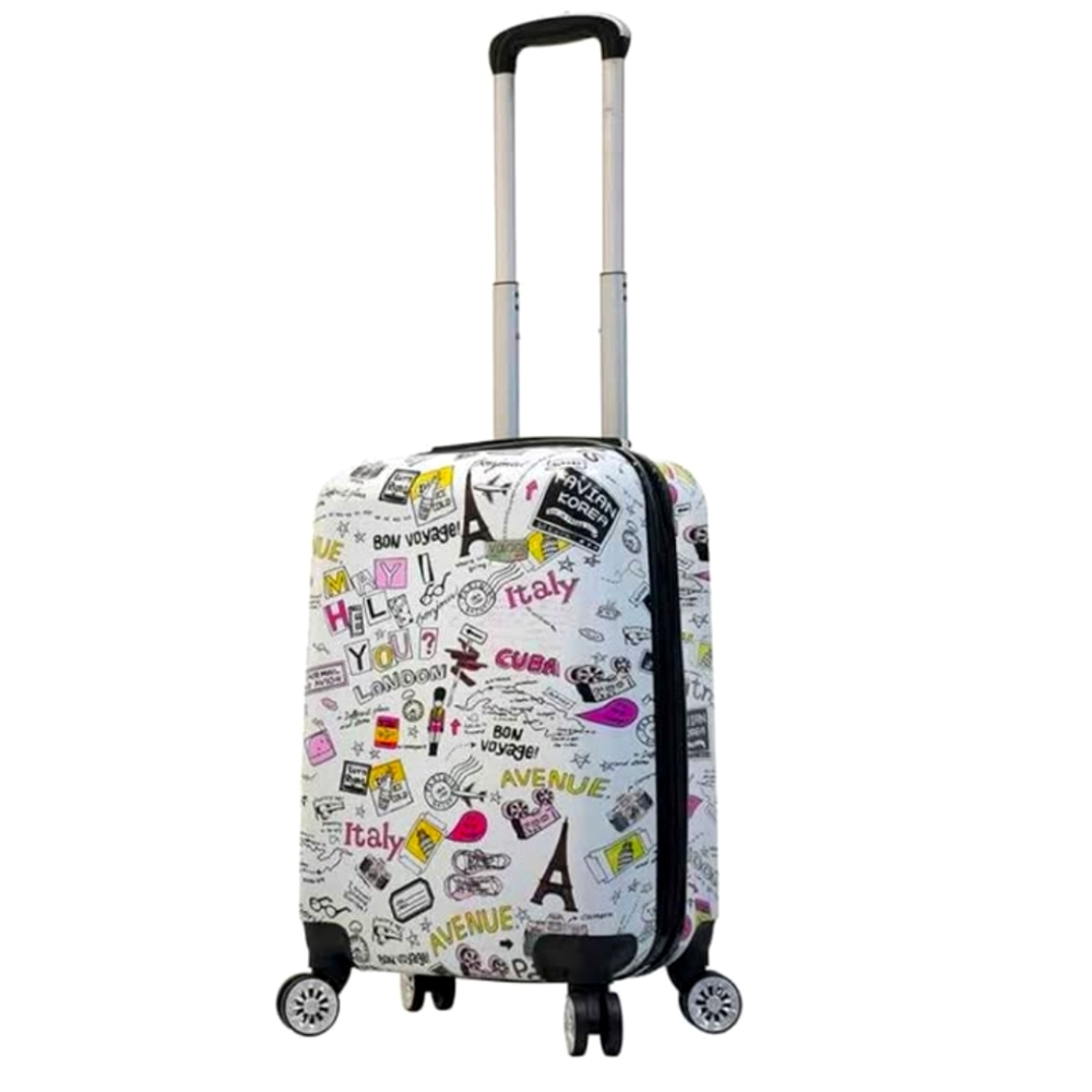 Paris White Graphic Print Rolling Suitcase Flawed Zipper Bull Is Damaged